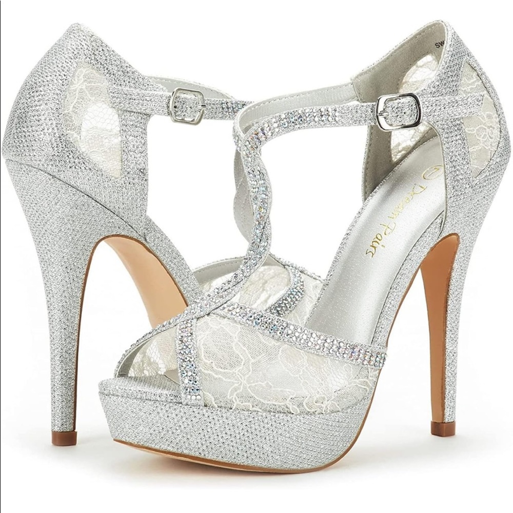 Silver lace heels